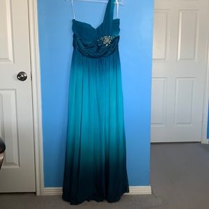 Cindy Blue Teal Ombré One Shoulder Flowy Formal Prom Dress